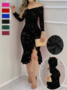 Vestido elegante de fiesta con hombros descubiertos, manga larga, unicolor, abertura alta, volantes en el bajo y brillos, para primavera/verano - Negro - Ver 2