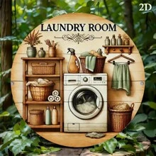 1pc Vintage Laundry Room Metal Wall Art, 7.8x7.8 Inch Round 2D Flat Printed Metal Sign, Durable And Easy To Hang Home, Office, Cafe Decor - Waterproof And Heat-Resistant, Laundry Room Accessory, 2D, Suitable For Room Decor With Pre-Drilled Holes, Random Hole Style