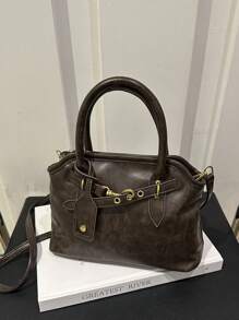 复古深咖啡色油皮女士手提包，贝壳形单肩斜挎包 - 咖啡棕 - 查看 2