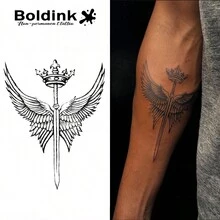 Teknologi Tato Non-Permanen Boldink - Desain Pedang Mahkota dengan Sayap. Desain Tato Baru, Stiker Tato, Bertahan 1-2 Minggu, Desain Tato Detail, Hasil Akhir Matte, Pilihan Terbaik untuk Tato Sementara. - Hitam - View 1