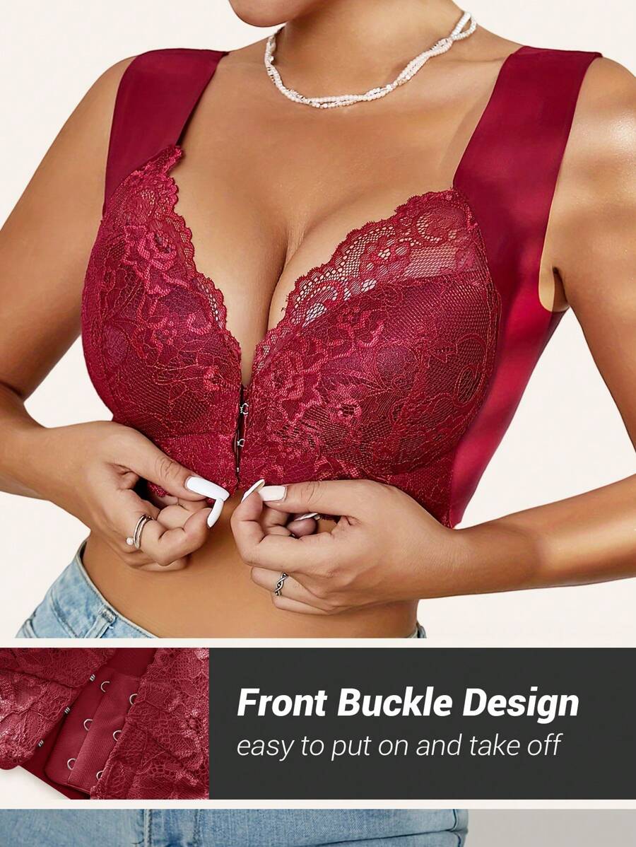 Women's Front Button Wireless Lace Seamless Bra, Comfortable Lounge Seamless Bra Provides Lift & Support Without Digging In