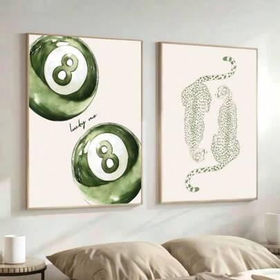 1/2pcs Unframed Green Cheetah Lucky 8 Pool Ball Y2K Preppy Art Poster Aesthetic Coquette Girly Room Decor Funky Painting Canvas Print Minimalist Wall Picture For Dorm,College Apartment,Living Room,Bedroom,Modern Home Decoration