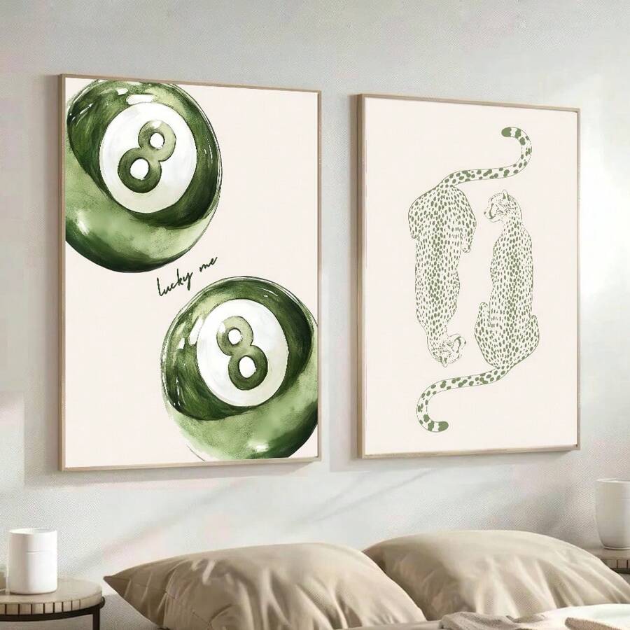 1/2pcs Unframed Green Cheetah Lucky 8 Pool Ball Y2K Preppy Art Poster Aesthetic Coquette Girly Room Decor Funky Painting Canvas Print Minimalist Wall Picture For Dorm,College Apartment,Living Room,Bedroom,Modern Home Decoration