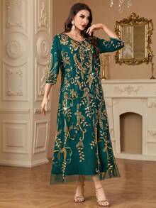 Women's Elegant 3/4 Sleeve Solid Color Sequin & Beaded Embroidery Arabic Style Dress,Modest - Dark Green - View 5