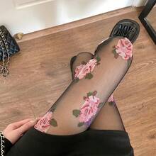 1pc Vintage Rose Print Tight Pants, Anti-Hook Elastic Tight Pants, Women's Socks And Stockings - 彩色 - 查看 3