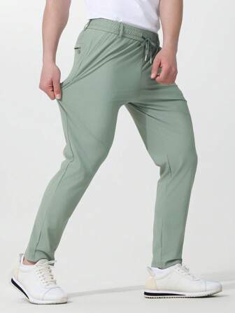 1 件男士纯色松紧腰休闲裤，轻质冰丝面料，适合日常穿着、户外、徒步旅行、旅行、运动