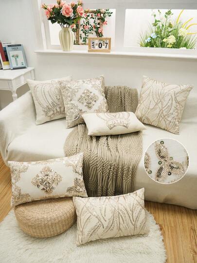 1pc Exquisite Bead Embroidery Cushion Pillowcase, Suitable For Multiple Room Types And Sizes, Machine Washable, Zipper Closure, No Pillow Core Gifts Birthday Graduation School Decor School Surprise Dormitory Decor Back To School Home Decor Room Decor School Supplies