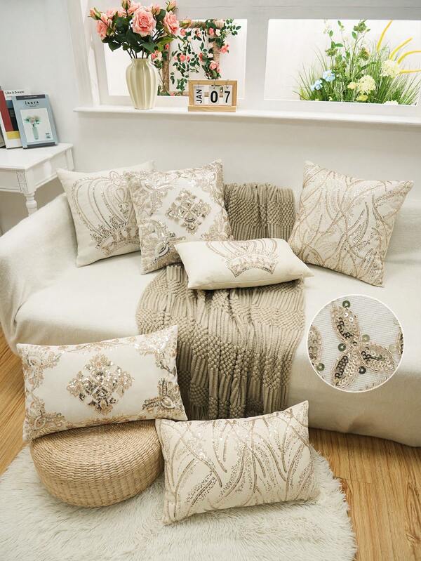 1pc Exquisite Bead Embroidery Cushion Pillowcase, Suitable For Multiple Room Types And Sizes, Machine Washable, Zipper Closure, No Pillow Core Gifts Birthday Graduation School Decor School Surprise Dormitory Decor Back To School Home Decor Room Decor School Supplies