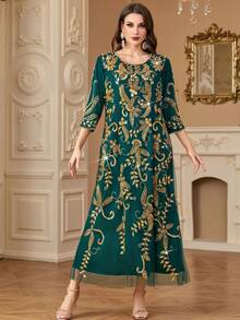 Women's Elegant 3/4 Sleeve Solid Color Sequin & Beaded Embroidery Arabic Style Dress,Modest - Dark Green - View 6