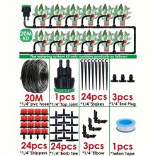 Sistema de riego por goteo para jardinería, set de regadores de micronebulización de dos salidas en color rojo, riego automático ajustable para macetas y herramientas de jardinería
