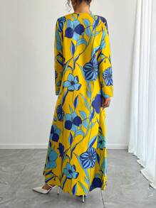 阿拉伯/中东风格印花V领长袖连衣裙，传统阿拉伯女装，适合节日派对、假日长袍等春季穿着。 - 黃色 - 查看 2