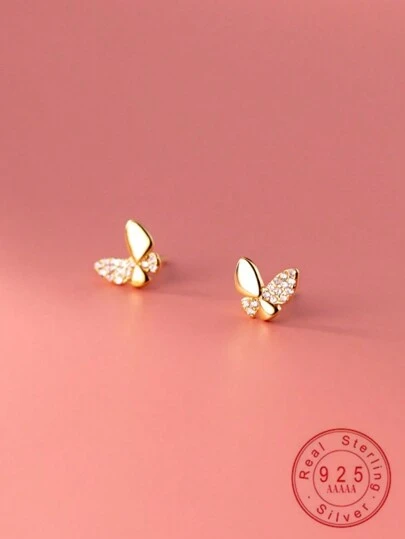 1 par de Pendientes tipo mariposa con diamantes de imitación, minimalistas y delicados de plata S925 para niñas