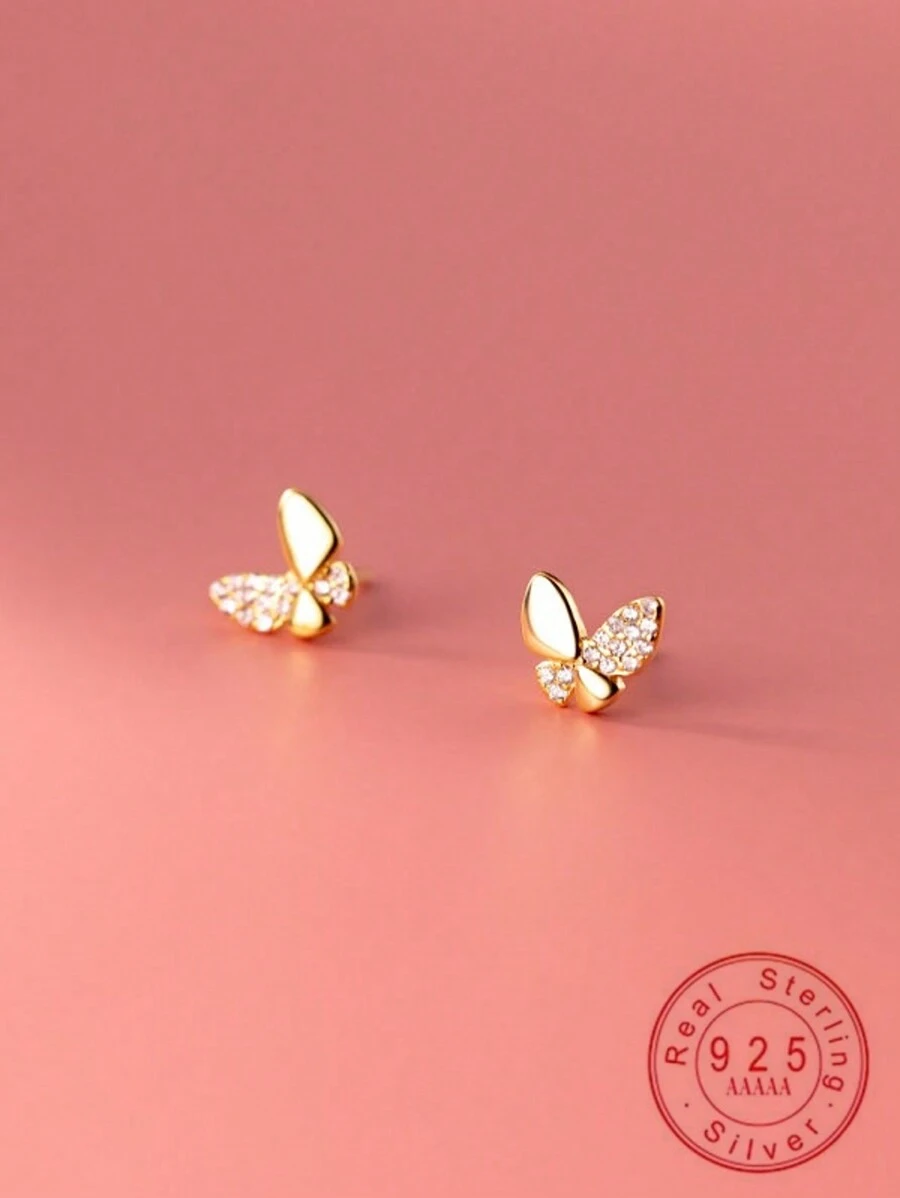 1 Pair S925 Silver Minimalist Dainty Cute Rhinestone Butterfly Stud Earrings For Girl