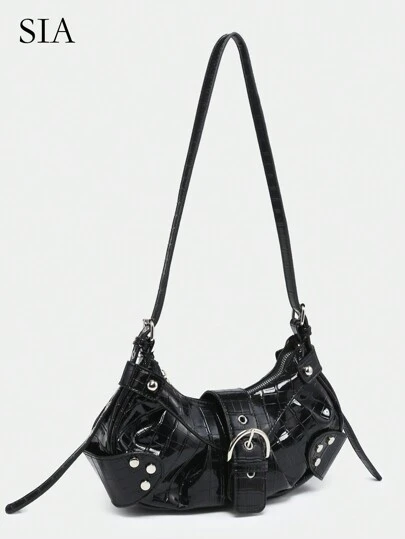 Lätt och bärbar vintage axelväska för kvinnor: Punk & Gothic Y2K-stil, vegansk lädermotorcykelväska med nitar, metallkedjor och justerbar rem – Accessoarer för tonåringar, collegetjejer, gatumode, konserter, musikfestivaler och edgy outfits.