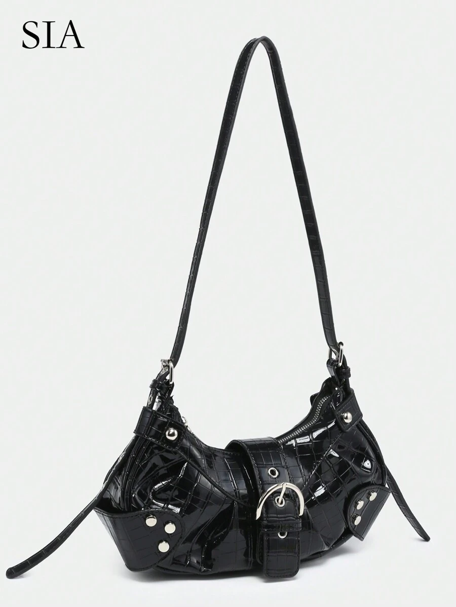 女士轻便便携式复古斜挎包：朋克和哥特式 Y2K 风格素食皮革摩托车钱包，配有铆钉、金属链和可调节肩带 - 适合青少年、大学女生、街头时尚、音乐会、音乐节和前卫服装的配饰。