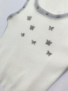Round Neck Sleeveless Top With Butterfly Decoration - White - View 4