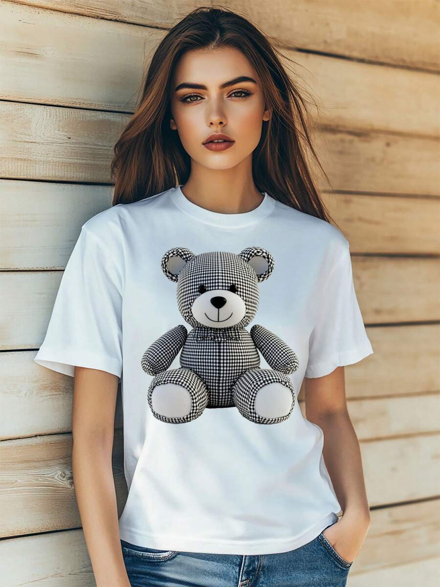 Women's  Teddy Bear Lattice Simple Stylish Print T-Shirt Fashion Short Sleeve Round-Neck Slm Fit Tops Summer Casual Streetwear - White - View 1