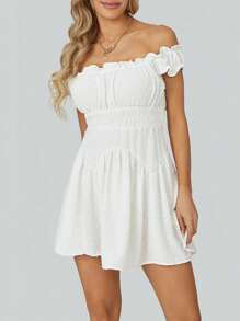 Women Flowy Pirate Dress Fairy Short Sleeve Y2k Off Shoulder Ruffle Corset Mini Dresses - trắng - Xem 4
