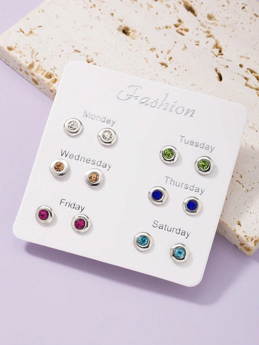 1set/6pairs Women's Rhinestone Decorated Iron Earrings Set - Silver - View 1