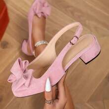 Fall/Winter Square Toe Bowknot Chunky Heel Sandals For Women, Elegant, Party - Pink - View 2