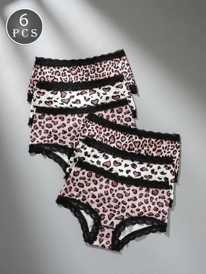 6st set leopardtryck spets patchwork damtrosor, sexiga och bekväma damunderkläder som andas