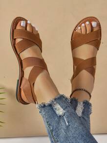 女士平底凉鞋，弹性交叉带，宽松舒适沙滩鞋，简约时尚新休闲风格
