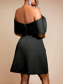 Elegant Solid Color Bow Wrap Dress, Party Dress, Wedding Guest Dress - Black - View 2