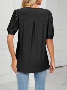 Women's V-Neck Casual Solid Color Elegant Hollow Out Puff Sleeve Loose Fit T-Shirt For Commuting, Spring & Summer