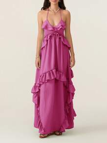 Womens Summer Spaghetti Strap Long Dress Boho Low Cut Dress Backless Flowy Midi Dress Bohemian Maxi Dresses Beachwear - 紫色 - 查看 4