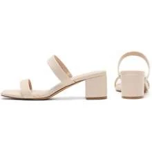 Athlefit Stylish Women's Two Strap Open Toe Heels Sandals Chunky Block Comfortable Slip On Low Heel Dress Shoes - Nude - View 4