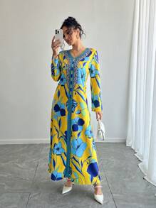 阿拉伯/中东风格印花V领长袖连衣裙，传统阿拉伯女装，适合节日派对、假日长袍等春季穿着。 - 黃色 - 查看 6