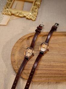 1 pieza Reloj de mujer vintage, elegante y casual, con correa color café, esfera con forma de barril y subreloj, estilo británico retro, reloj de cuarzo de lujo con cristales, para uso diario