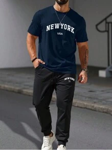 Men's New York Graphic Casual Everyday Short Sleeve T-Shirt And Pants Set - Royal Blue - View 1