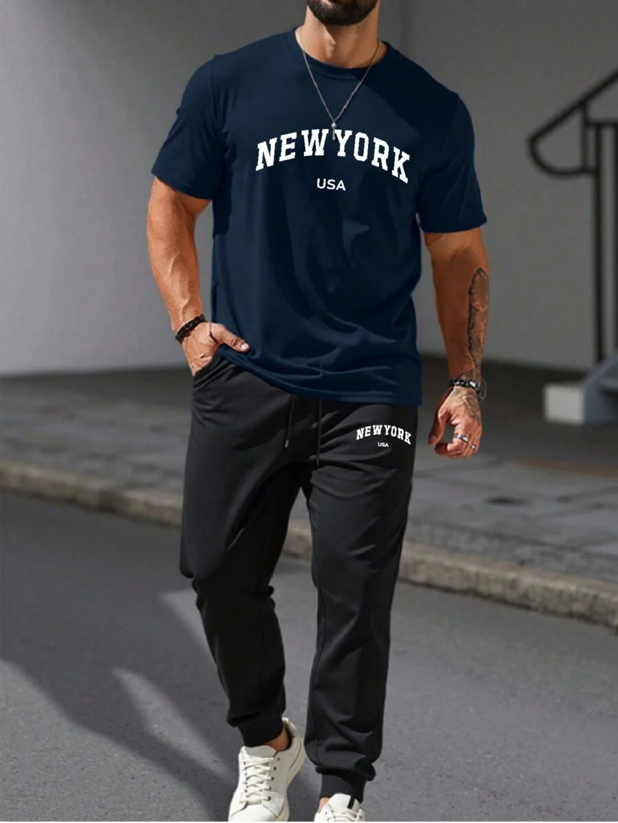 Men's New York Graphic Casual Everyday Short Sleeve T-Shirt And Pants Set - Royal Blue - View 1