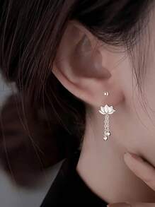 S925 Sterling Silver Lotus Tassel Drop Earrings, Minimalist Flower Screw Back Pearl Earrings, Gift For Women Valentines
