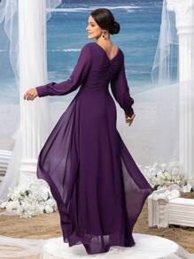 Faeriesty Mosy Elegant Plunging Neck Bishop Sleeves Chiffon Formal Dress Mother Of The Bride Dress - Purple - View 3