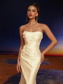 Anymoon 3D Hand Floral Ruffle Trim Mermaid Bridesmaid Dress - Yellow - View 7