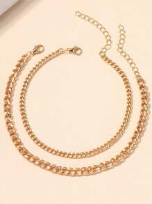 2 Pcs/Set Summer Boho Style Double-Layer Gold Color Anklet, Simple Fashion Decorative Vintage Anklet Suitable For Women Casual Wear