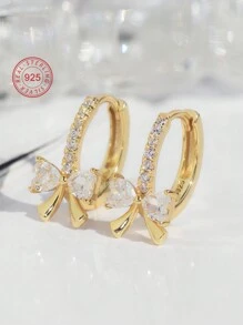 Artepollo 1 Pair 925 Sterling Silver Hypoallergenic Cubic Zirconia Heart & Bow Hoop Earrings, Dreamy & Sparkling, Gift Box, Earrings For Girls, Birthday/New Year Gift, Back To School Gift - Gold - View 4
