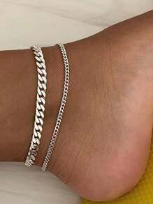 2 Pcs/Set Summer Boho Style Double-Layer Gold Color Anklet, Simple Fashion Decorative Vintage Anklet Suitable For Women Casual Wear