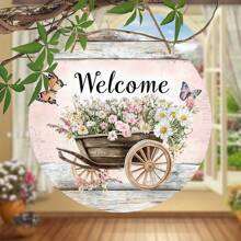 1 Piece, Rustic Style Wooden Welcome Wreath Sign, Pink Flower Farm Decoration, Circular Wall Listing, Manufactured Wood, English Text, Multi-Purpose Home And Outdoor Use, Spring And Summer Decoration