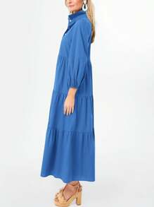 2026 Popular Fall Maxi Shirt Dress V Neck Vestidos Elegantes De Mujer Button Down 3/4 Sleeve Tiered Collared Flowy Design - 藍色 - 查看 3