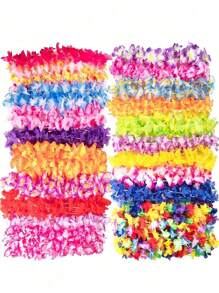 50pcs Hawaiian Flower Leis, Hawaiian Flower Necklaces, Tropical Hawaiian Floral Theme Party Favors, Hibiscus Flowers, Suitable For Summer Pool Parties And Hawaiian Themed Parties, Summer Decorations, Party Decorations And Supplies, Holiday Wedding Beach Birthday Decorations, Hawaiian Flower Leis Party Supplies (Random Colors) - Multicolor - View 3