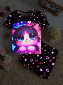 Jonge meisjes zomer Glow in the Dark schattige kattenprint korte mouwen shorts pyjamaset (gloeit alleen onder UV-licht)