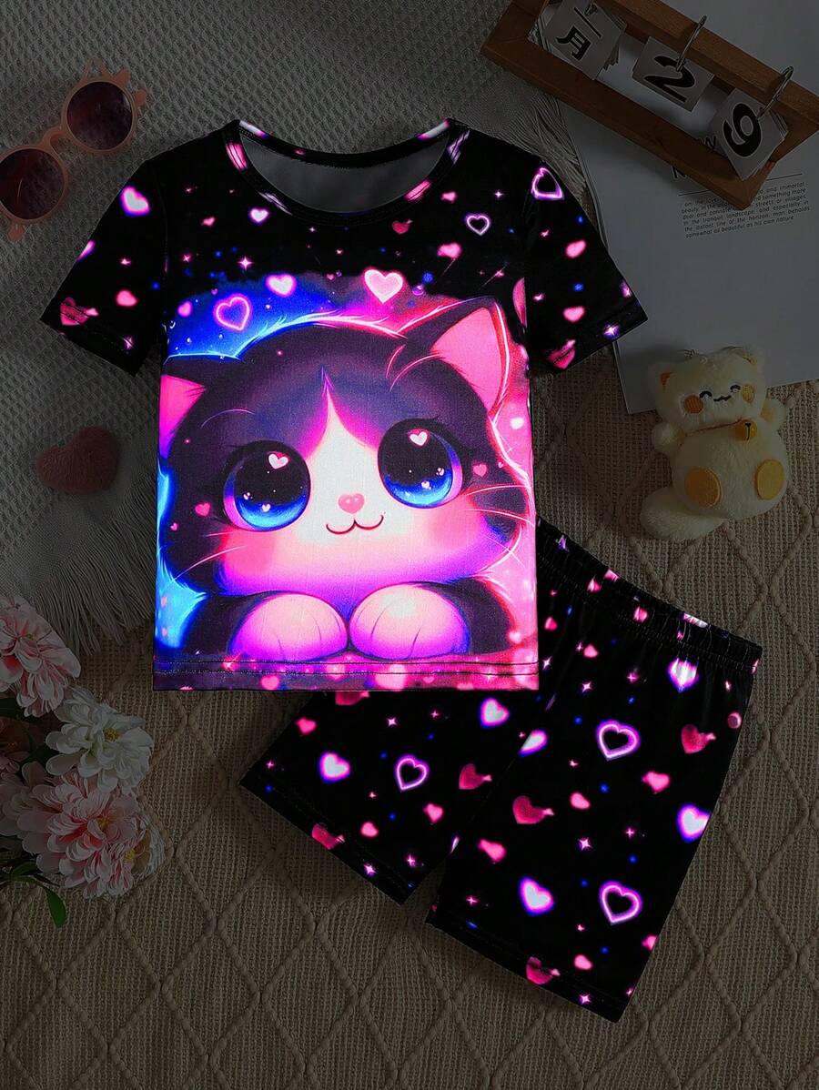 Jonge meisjes zomer Glow in the Dark schattige kattenprint korte mouwen shorts pyjamaset (gloeit alleen onder UV-licht)