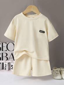 2pcs Young Boy Summer Outfit: Beige Waffle Top + Shorts Set - Apricot - View 1