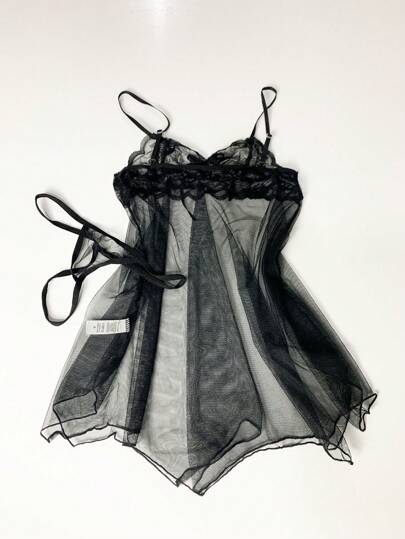 Contrasted Kanten Semi Doorschijnende Lingerie Set, Asymmetrical Hem Bowknot Spaghetti Dress Thong, Verleidelijke Nightwear Women, Rave Going Out view 3