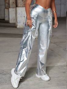 Pantaloni cargo argento stile Y2K Hip Hop, design in vita elasticizzato, gamba dritta con tasche multiple, vestibilità comoda e ampia, casual per vacanze, autunno - Argento - Visualizzare 1