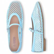 Ballet Flats For Women Comfortable Square Toe Ballerina Flats Buckle Strap Casual Fishnet Flat Shoes - 藍色 - 查看 4