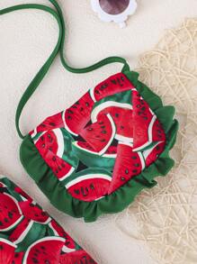 女婴夏季可爱西瓜印花荷叶边吊带休闲连衣裙 + 可爱背包套装 - 彩色 - 查看 5